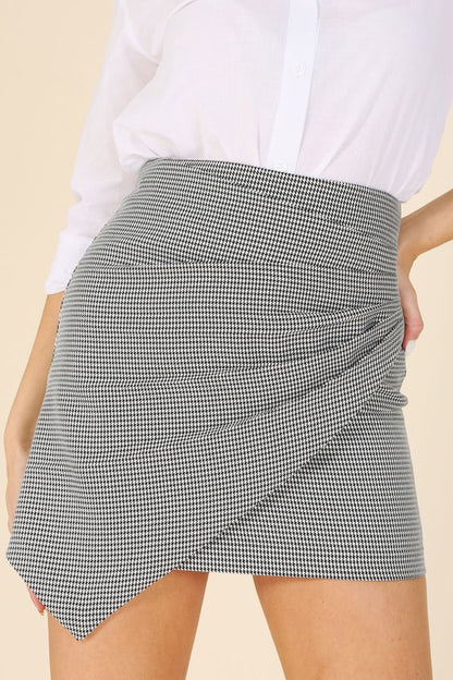 Hound Tooth Shirred Wrap Mini Skirt