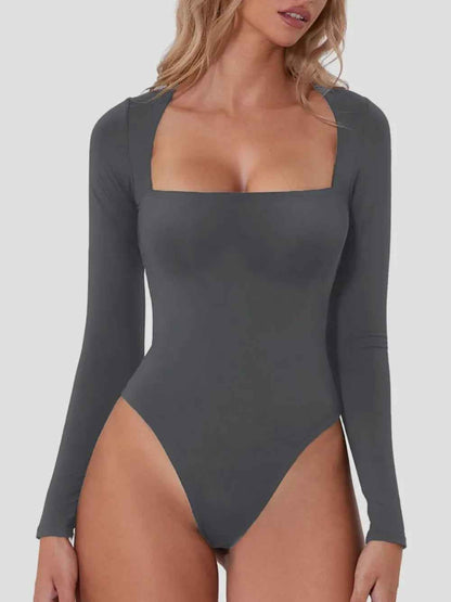 Square Neck Long Sleeve Bodysuit - Sleek Fitted Style - Fashions Envy