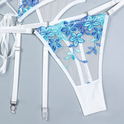 Embroidered Corset Garter Set - 3PC Lace-Up Lingerie