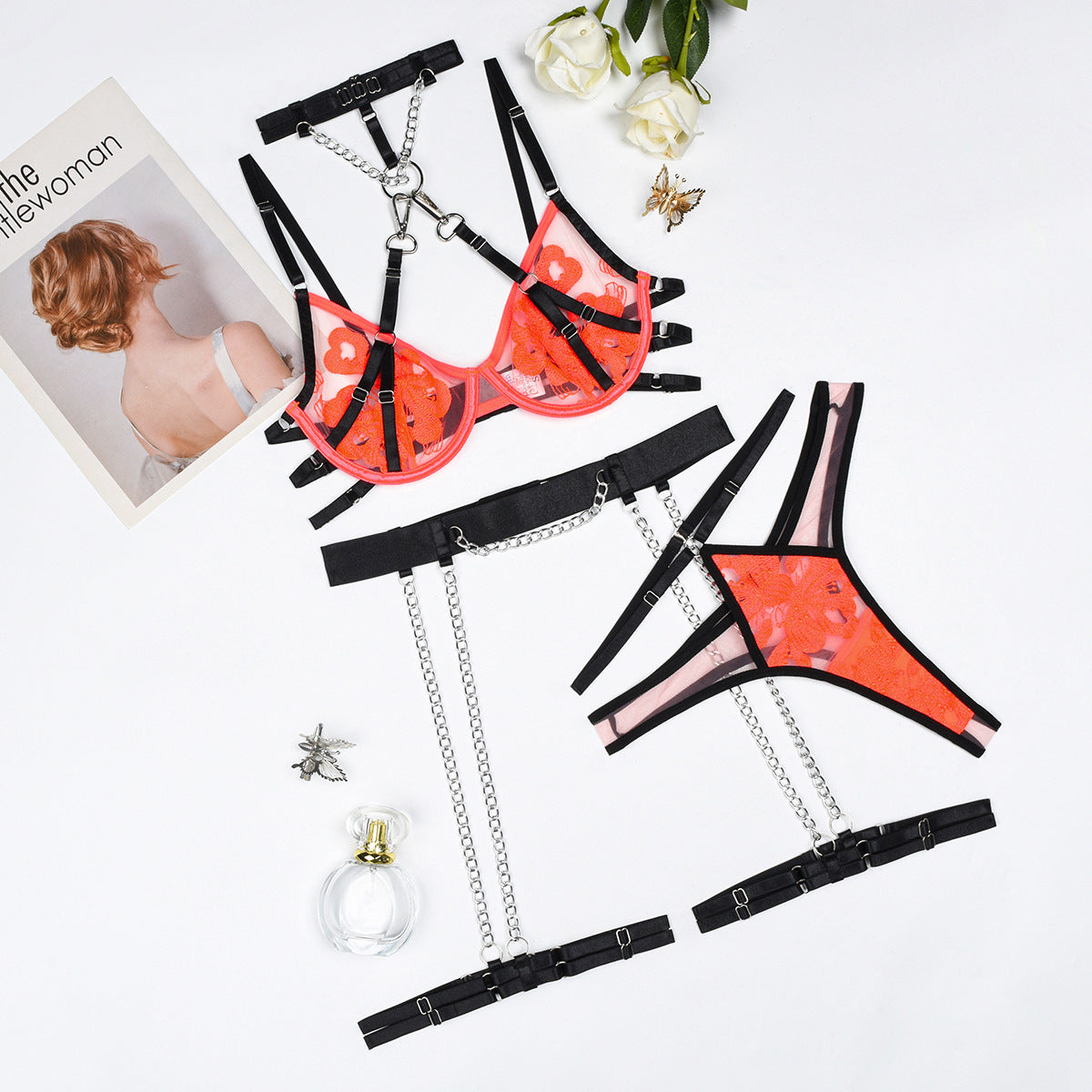 Embroidered Mesh Lingerie Set - 5PC Detachable Contrast Color