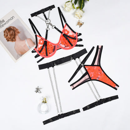 Embroidered Mesh Lingerie Set - 5PC Detachable Contrast Color