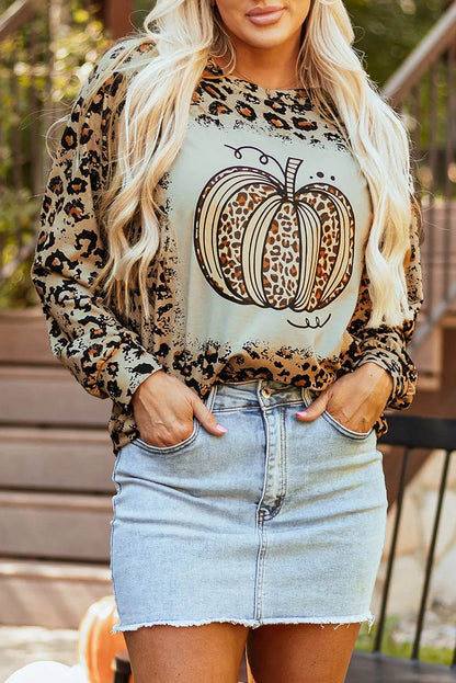 Pumpkin Graphic Leopard Print Long Sleeve Sweatshirt - Fall Fashion Statement - Fashions Envy