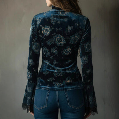 Lace Panel Blouse - Retro V-Neck Bell Sleeve Top