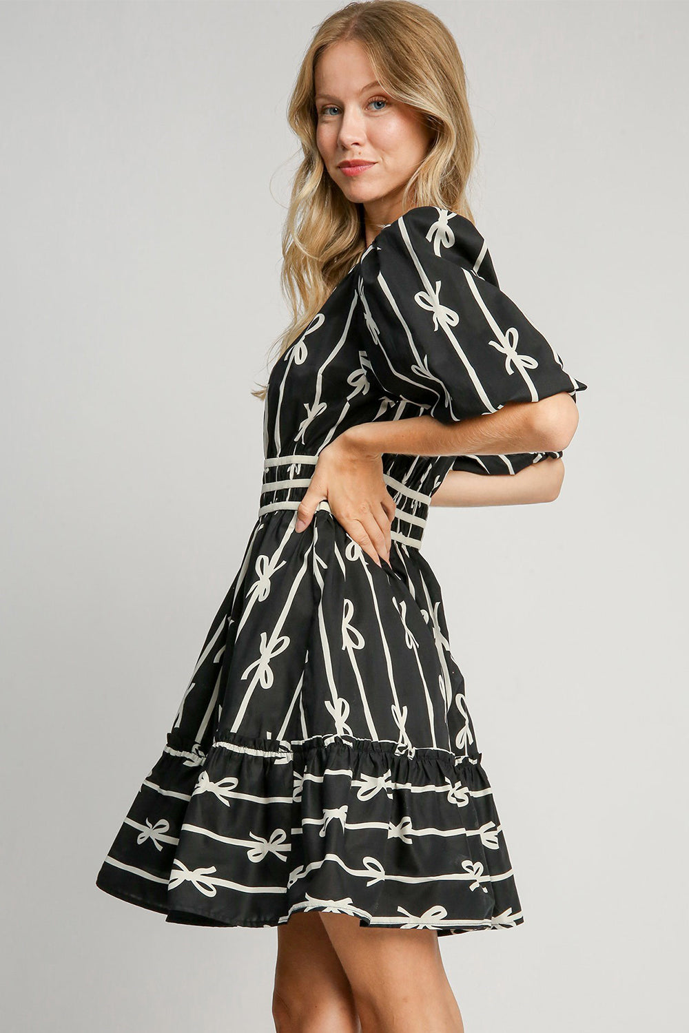 Black Ribbon Print Frill Contrast Velvet Trim Half Sleeve Dress