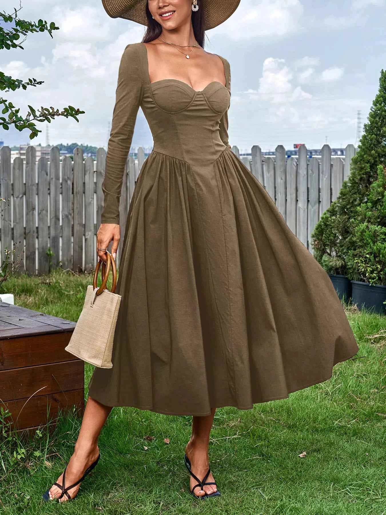 Sweetheart Neckline Long Sleeve A-Line Midi Dress
