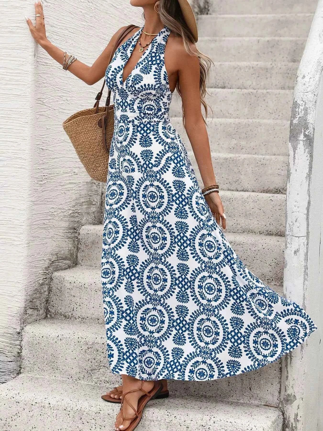 Floral Halter Maxi Dress - Tie Neck Blue Print
