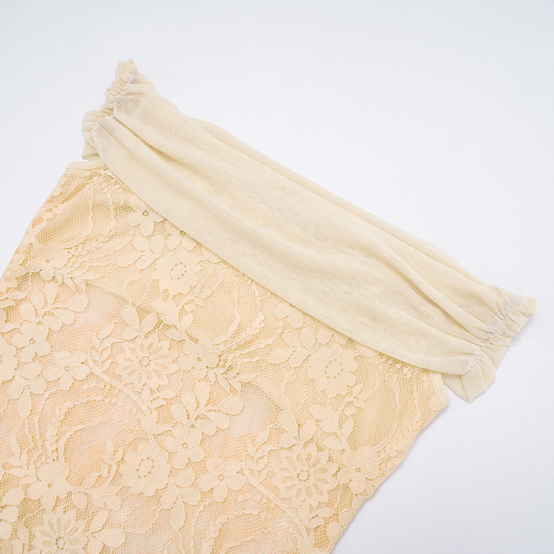 Sheer Mesh and Lace Maxi Dress - Sleeveless Off-Shoulder