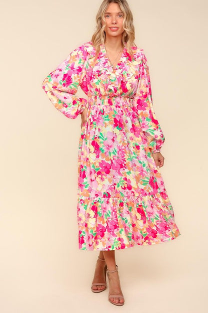 Pink-Multicolor Full Size Floral Surplice Balloon Sleeve Dress with Side Pockets