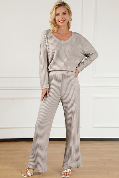 Light Grey Ribbed Knit V Neck Slouchy Two-piece Outfit