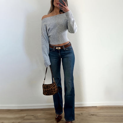 Off-Shoulder Cropped Sweater - Ribbed Knit Boat Neck Top