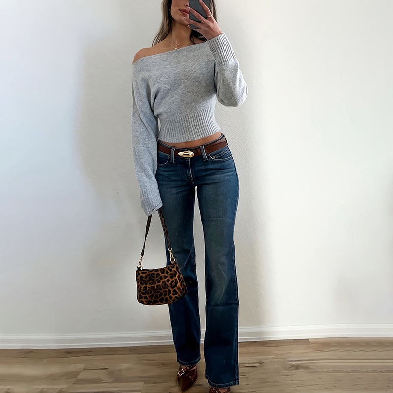 Off-Shoulder Cropped Sweater - Ribbed Knit Boat Neck Top