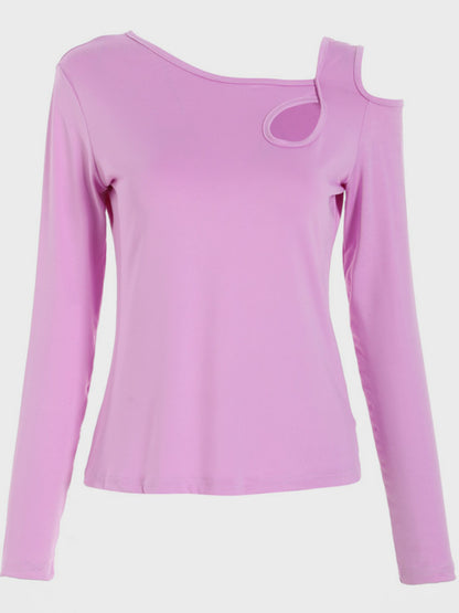 Cutout Asymmetrical Neck Long Sleeve T-Shirt - Fashions Envy