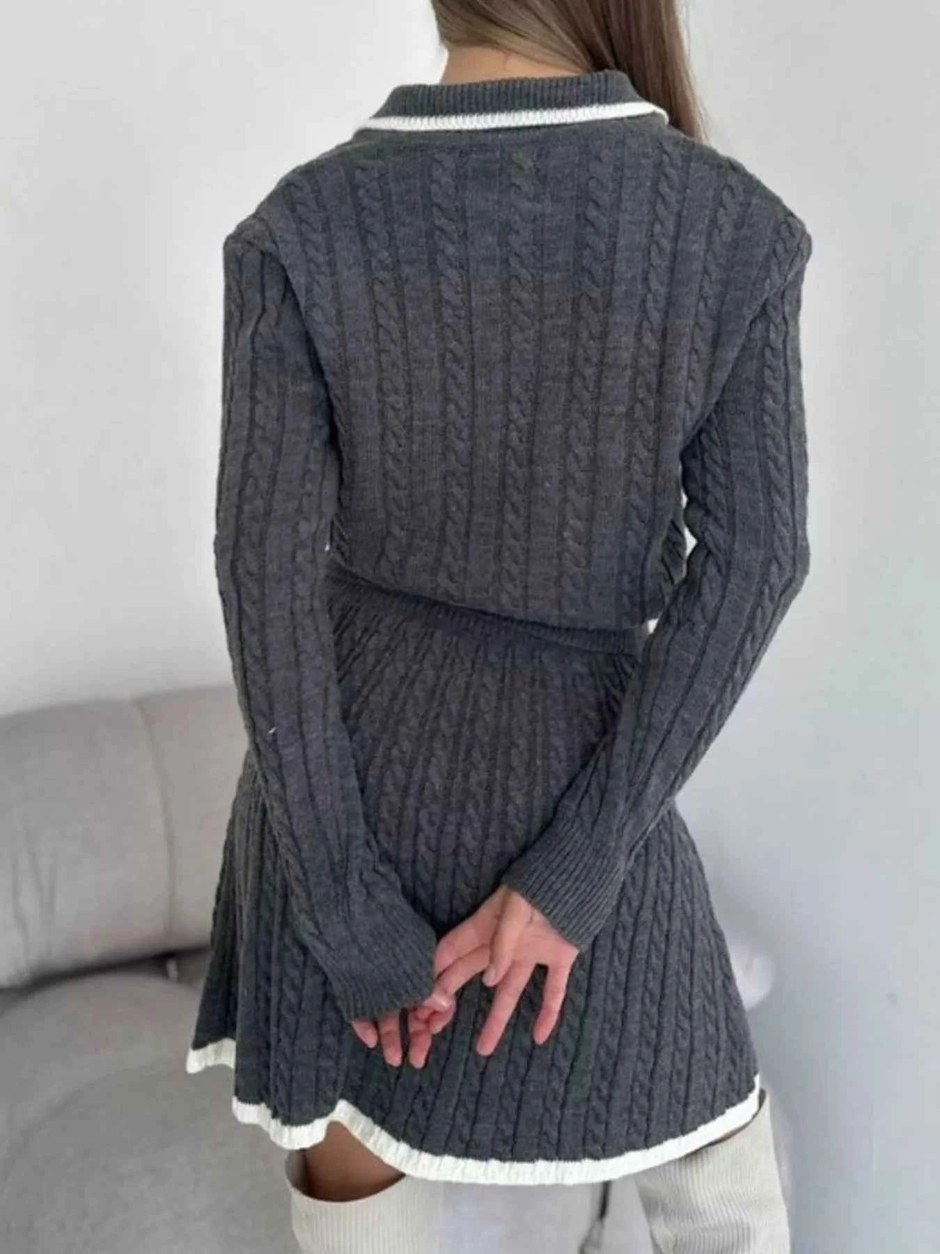 Cable Knit Long Sleeve Top and Skirt Sweater Set