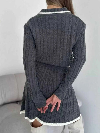 Cable Knit Long Sleeve Top and Skirt Sweater Set
