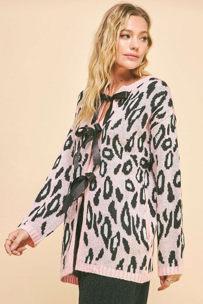 Blush Pink Leopard Ribbon Tie Front Loose Fit Cardigan