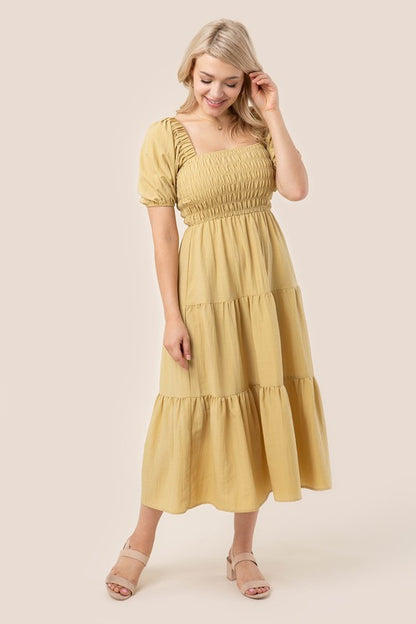 Tiered Midi Dress with Puff Sleeves