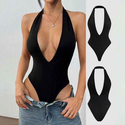 Halter Bodysuit - Backless Deep V-Neck Style - Fashions Envy