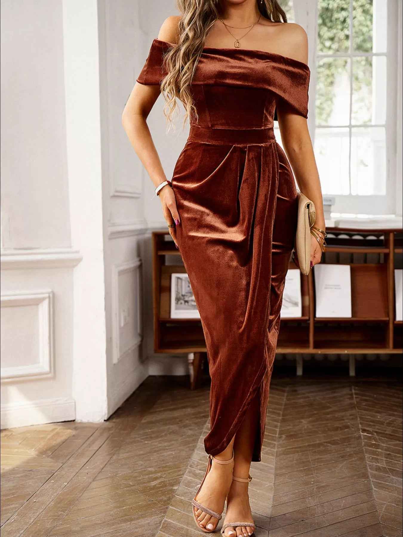 Velvet Off-Shoulder Midi Dress - Ruched Bodycon Slit - Fashions Envy