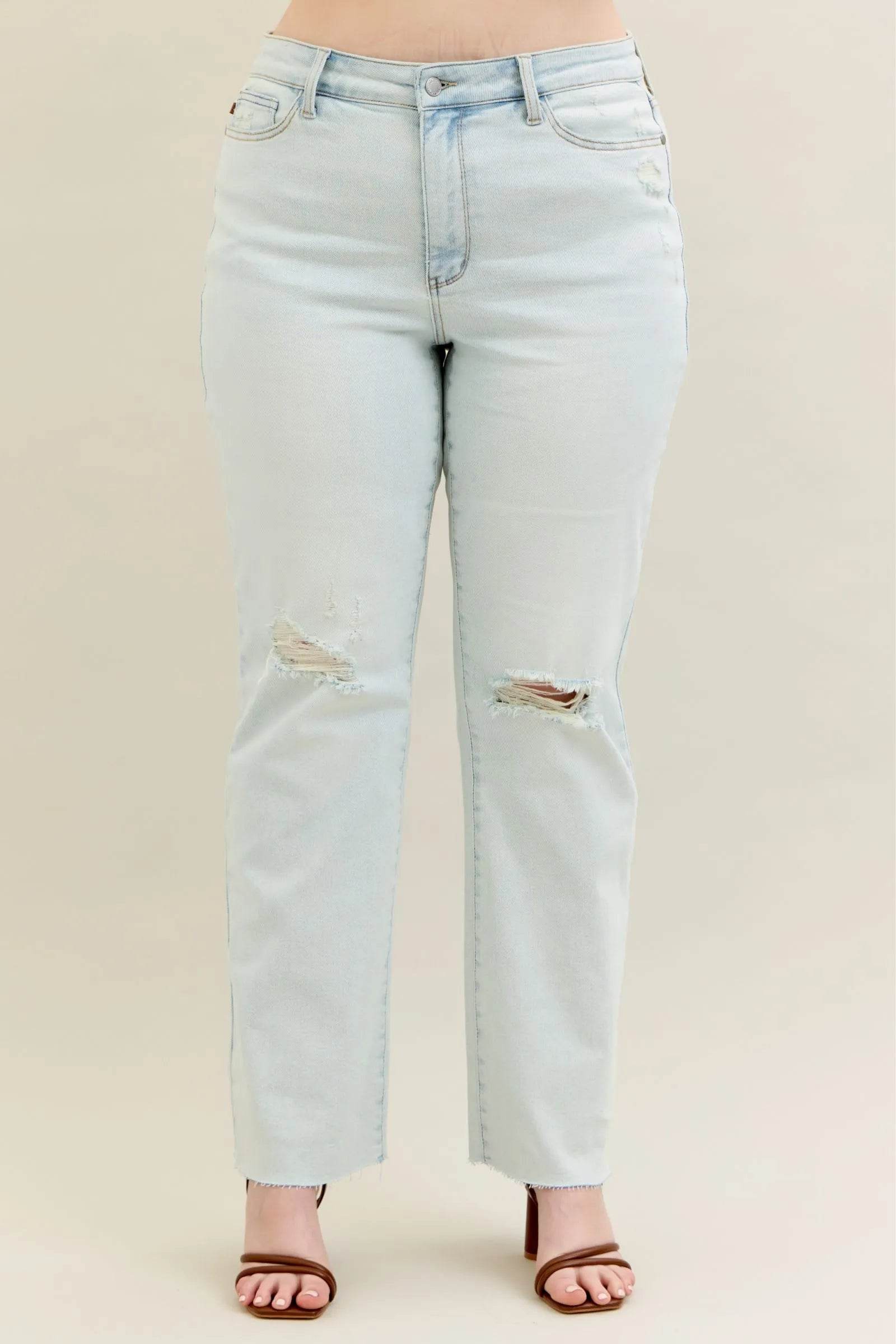 Judy Blue Full Size Destroy & Fray Hem Bootcut Jeans Plus Size - Fashions Envy