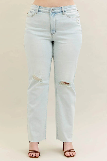 Judy Blue Full Size Destroy & Fray Hem Bootcut Jeans Plus Size - Fashions Envy