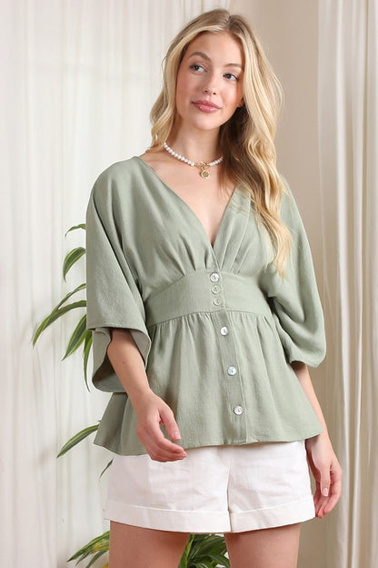 Draped Sleeve V-Neck Button Down Blouse