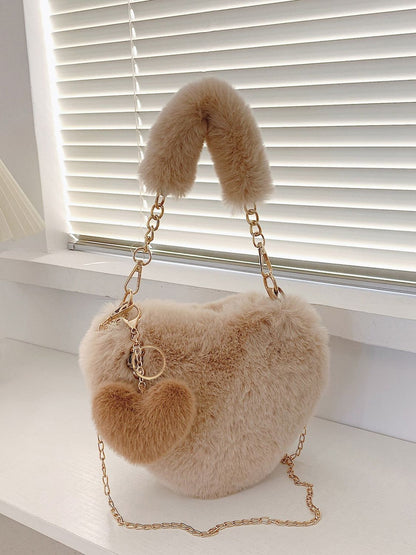 Heart Shape Faux Fur Handbag & Clip-on Mini Heart