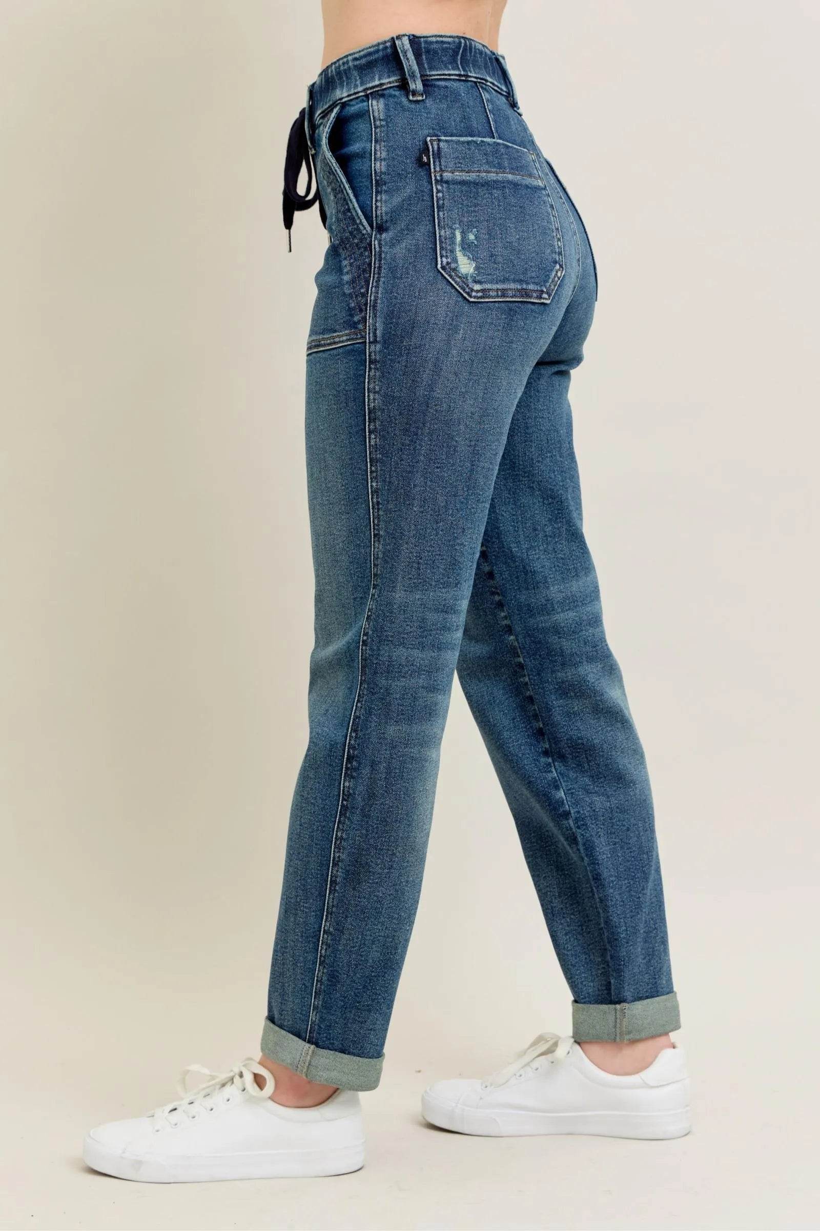 Judy Blue Full Size HW Vintage Wash Jeans w/ Drawstring Plus Size - Fashions Envy