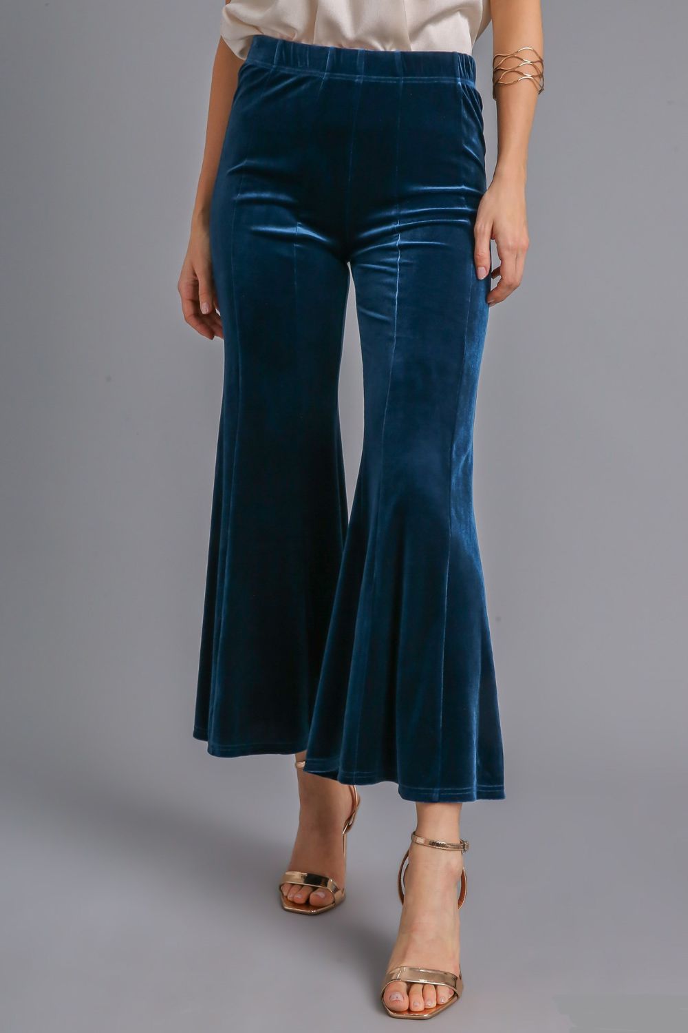 Peacock Blue High Rise Elastic Waist Flare Pants