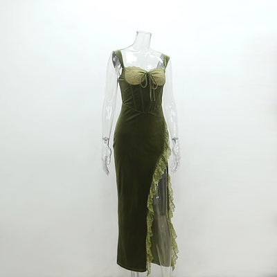 Velvet Evening Dress - Lace High Slit Fitted - Fashions Envy