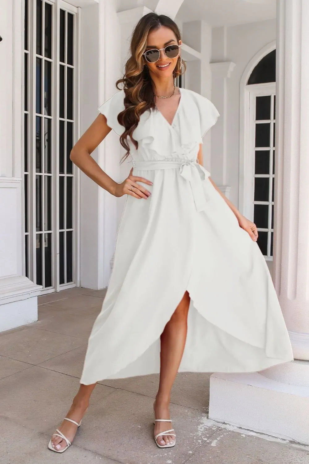 Tied Front Midi Dress - Ruffle Short Sleeve Slit Hem