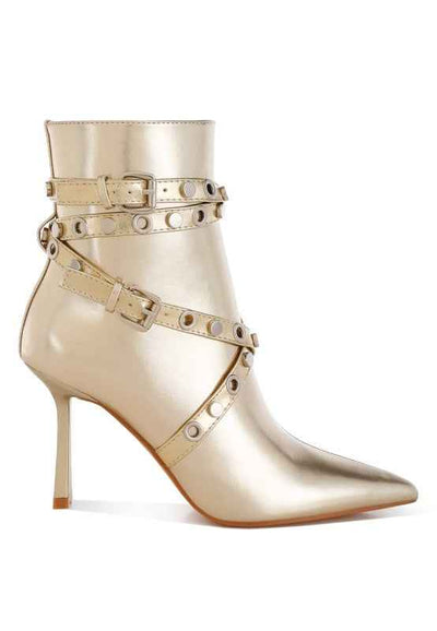 Marinta Metallic Slim Flared Heel Strappy Boots