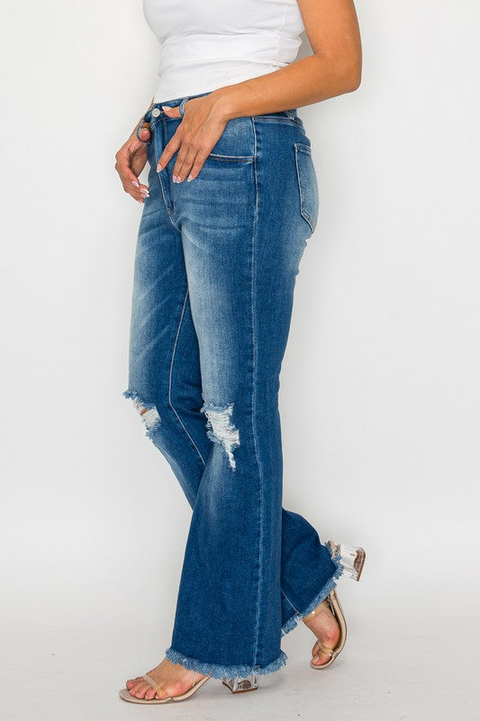 Medium Blue Full Size Raw Hem Distressed High Rise Bootcut Jeans