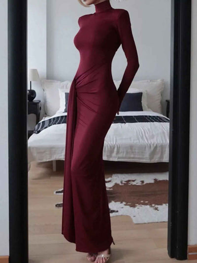 Turtleneck Maxi Dress - Long Sleeve Slit Tie Waist Style - Fashions Envy