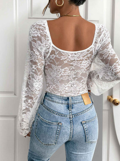 V-Neck Lace Bodysuit - Long Sleeve Sheer Style - Fashions Envy
