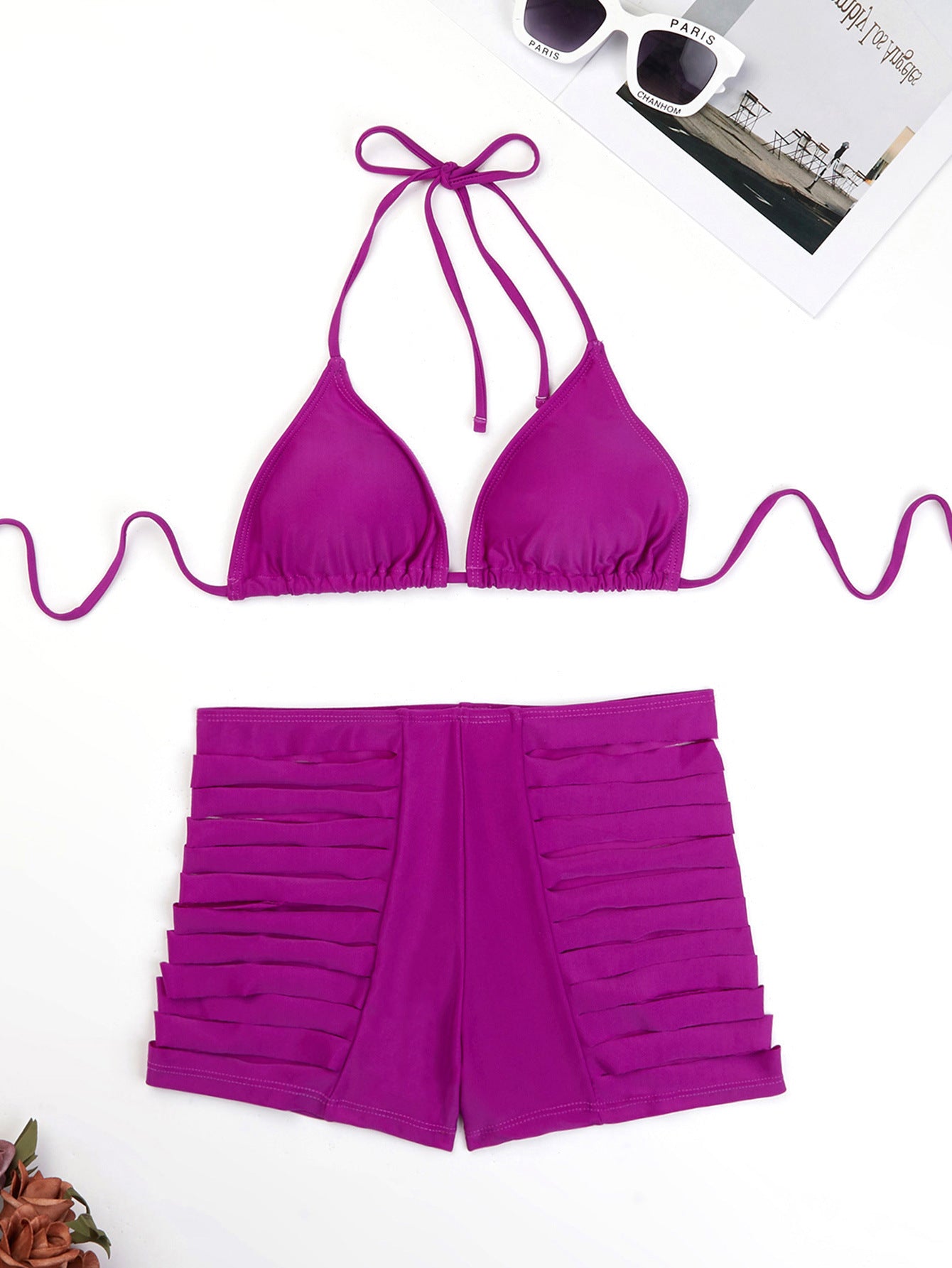 Sexy Cutout Boy Shorts & Triangle Top Purple Bikini Swimsuit Set