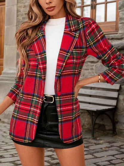 Plaid Blazer - Single-Button Office Jacket - Fashions Envy