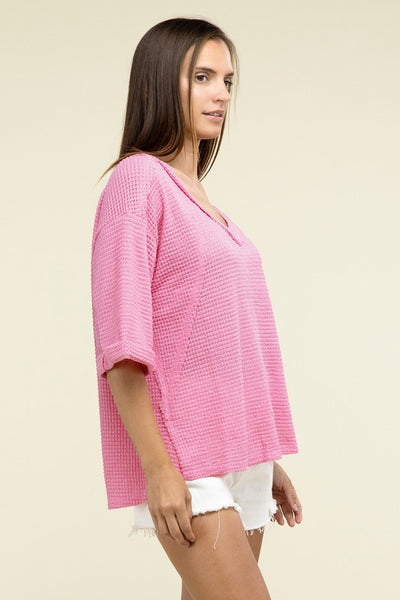 Brushed Waffle Exposed-Seam 3/4 Sleeve Top - Fashions Envy