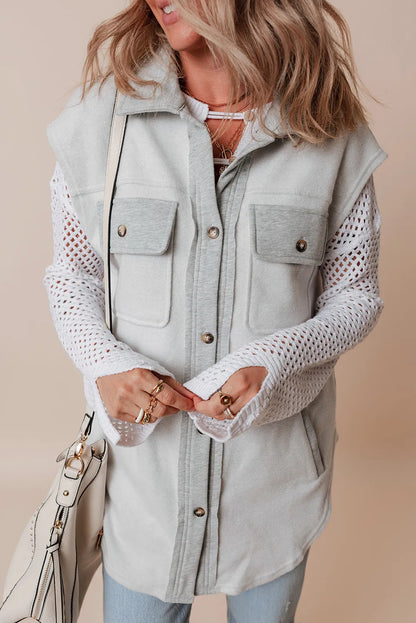 Pocketed Button Up Collared Neck Vest - Fashions Envy