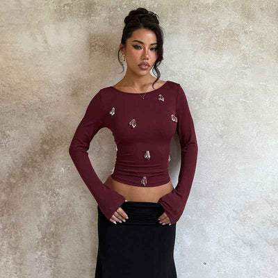 Rhinestone Long Sleeve Top - Burgundy Slim Fit Knit