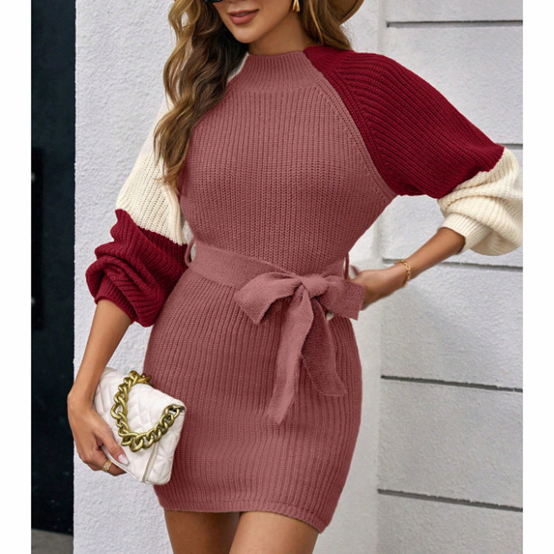 Color Block Sweater Dress - Midi Bodycon with Tie Waist