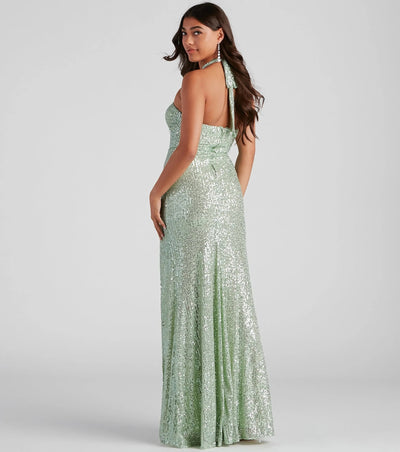 Sequin Evening Dress - Halter Neck Slim Fit Gown - Fashions Envy