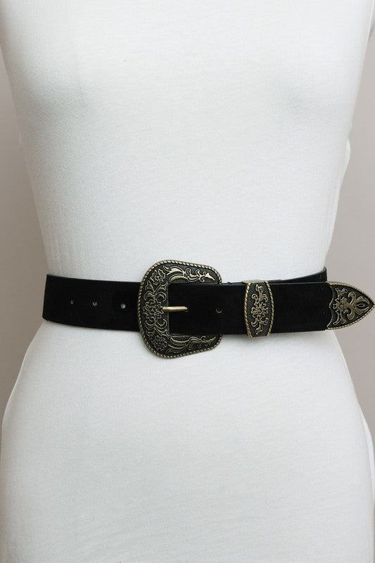 Vegan Suede Antique Gold Western Buckle Belt