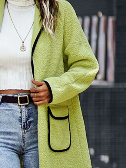 Full Size Contrast Trim Long Sleeve Coat with Pockets - Fashions Envy