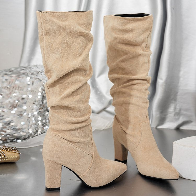 Chunky Heel Pointed Toe Boots - Suede High Shaft