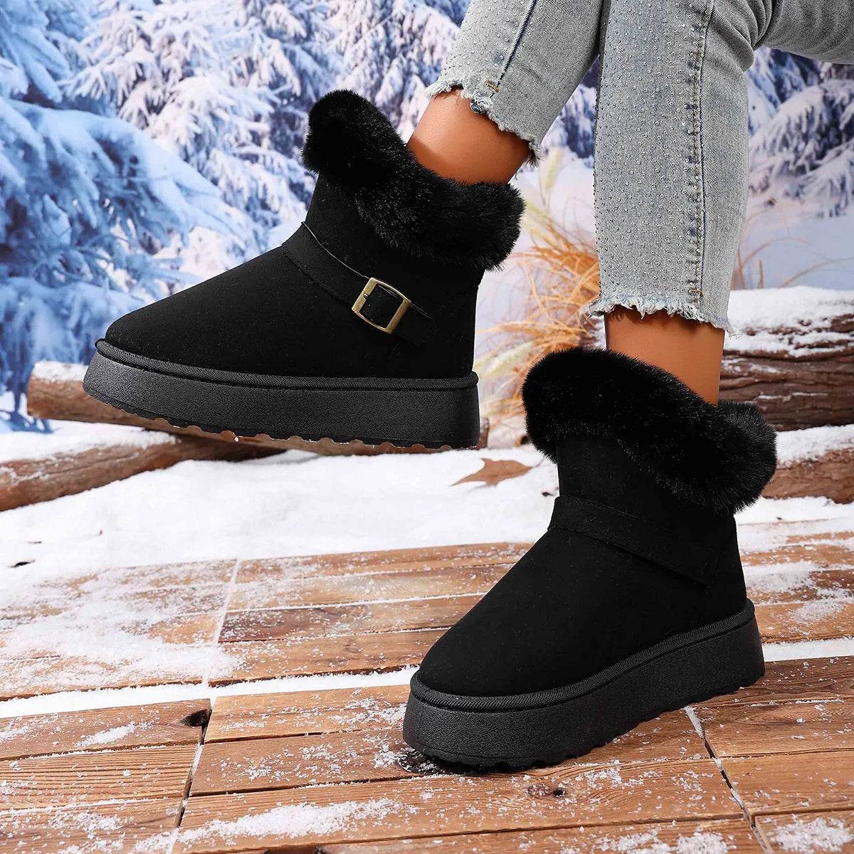 Cozy Round Toe Platform Boots with Fluff Lining - Fashions Envy