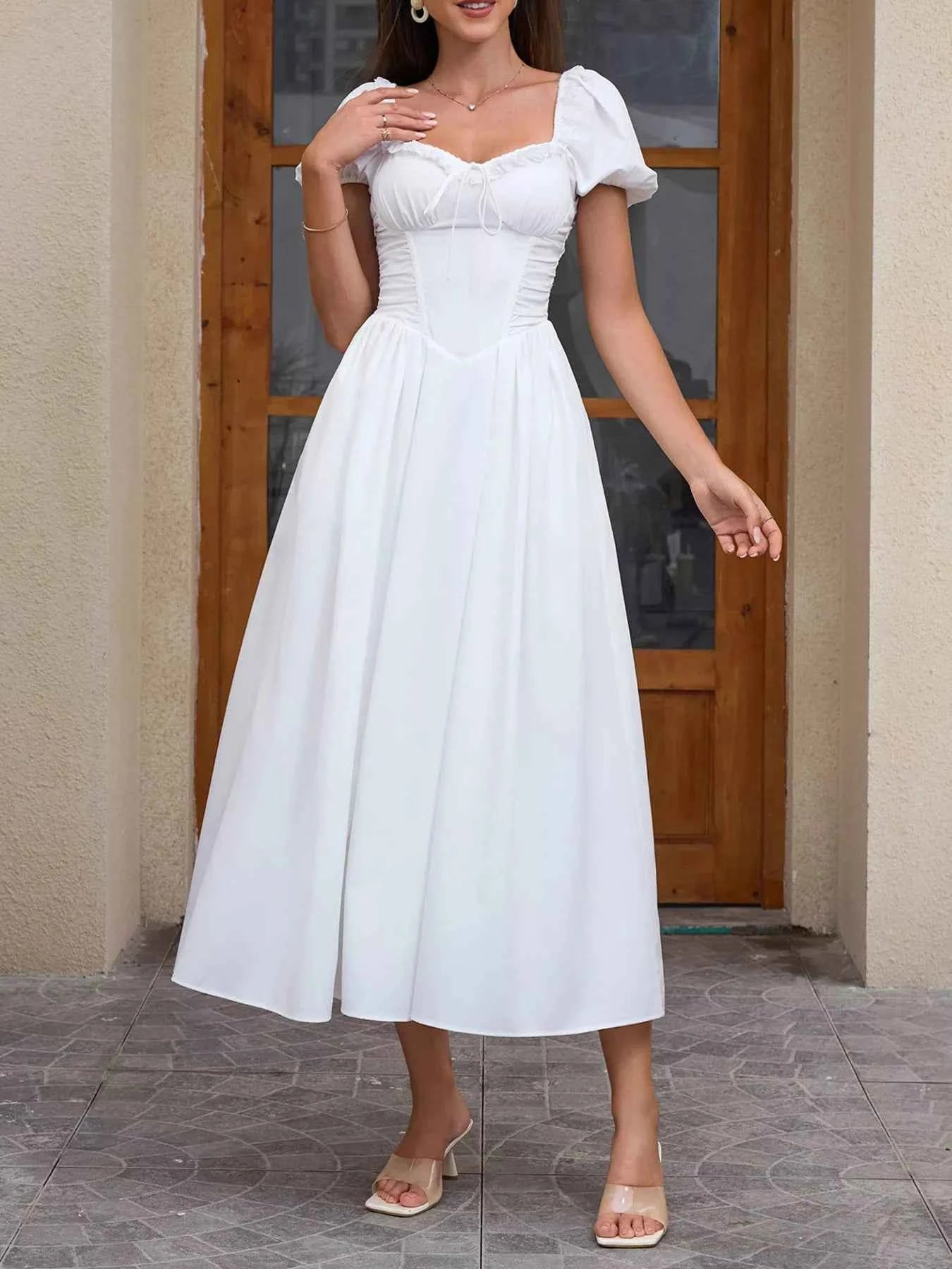 Sweetheart Neck Puff Sleeve Midi Dress