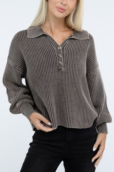 Ribbed Washed Collared Henley Sweater - Fashions Envy