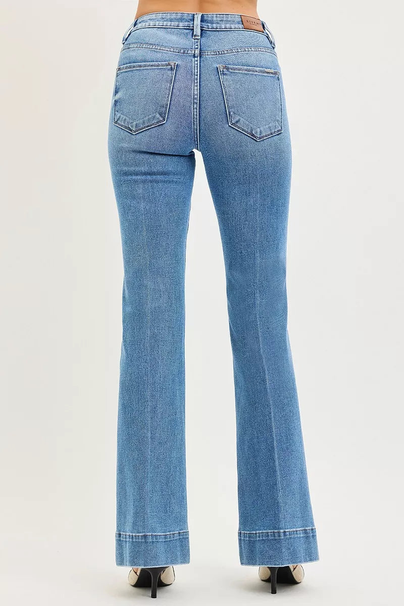 RISEN Flare Jeans - Tummy Control Mid Rise Stretch - Fashions Envy