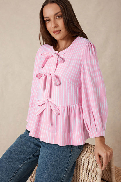 Pink Stripe Bowknot Front Crew Neck Puff Sleeve Blouse