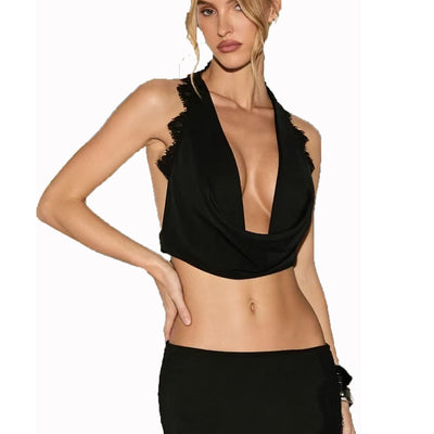 Backless Halter Crop Top - Deep V-Neck Black Style